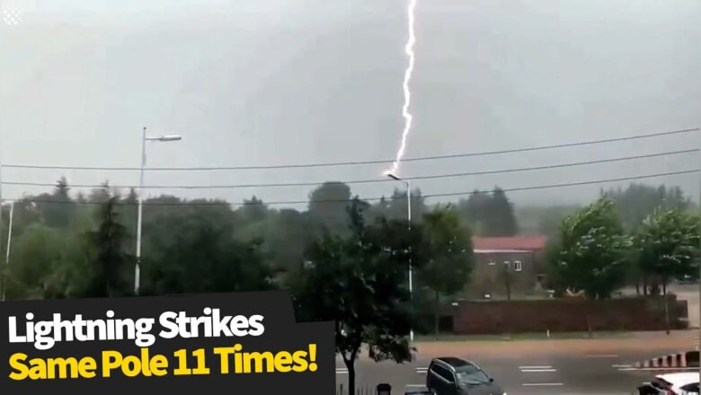 Insane moment lightning strikes same pole 11 times!