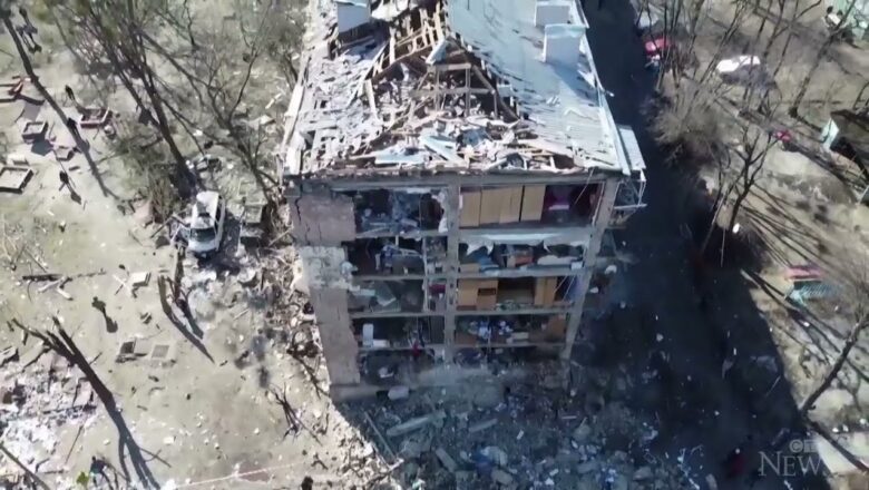 Drone footage shows the aftermath of a Russia missile strike in Ukraine