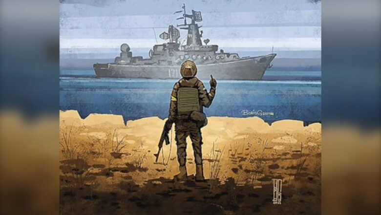 Ukrainian stamp shows soldiers defiantly telling a Russian warship off