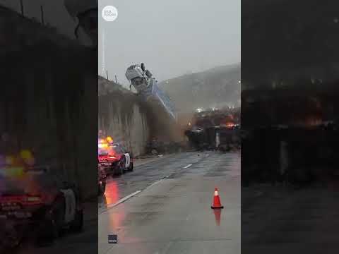 Truck flips over overpass in California, lands atop other vehicles | USA TODAY #Shorts