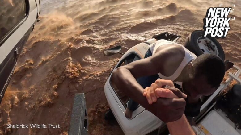 Trucker rescued from raging flood by helicopter with no gear: stunning video | New York Post