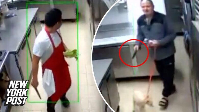 Video shows knife-wielding maniac stalking pizzeria worker, later tries to set him on fire