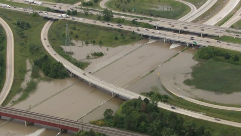 Aerial view of widespread flooding in the Detroit area