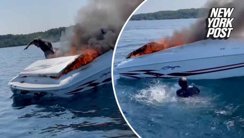 Dramatic video shows men leaping off burning boat seconds before it explodes