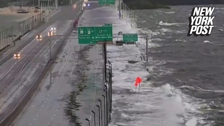 Interstate 275 over Tampa Bay, Florida is flooded with water due to Hurricane Idalia