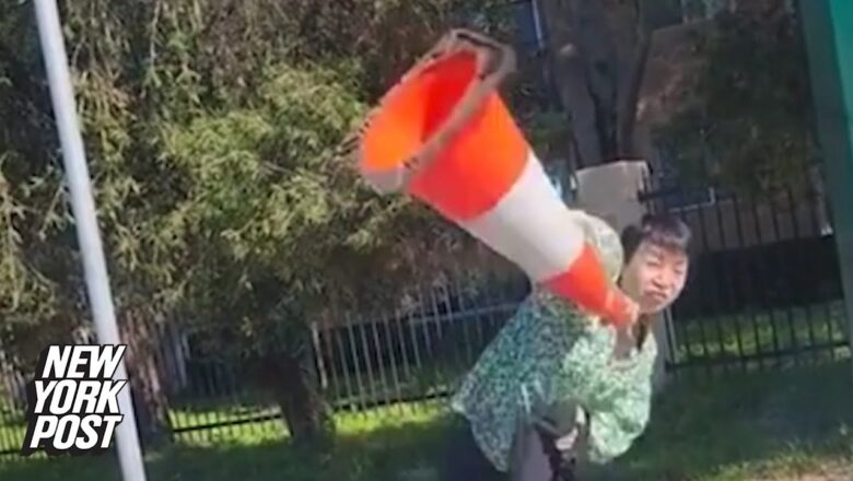 Woman hurls traffic cone at young driver in foul road-rage incident captured on video