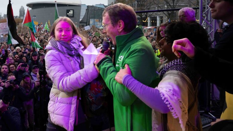 Greta Thunberg interrupted at climate rally after sharing stage with pro-Palestinian advocates