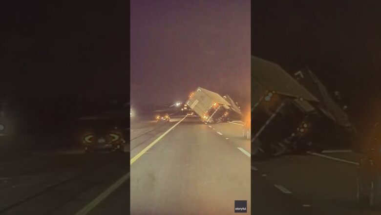 Drivers on California highway narrowly avoid being crushed by tipping semi-truck #Shorts