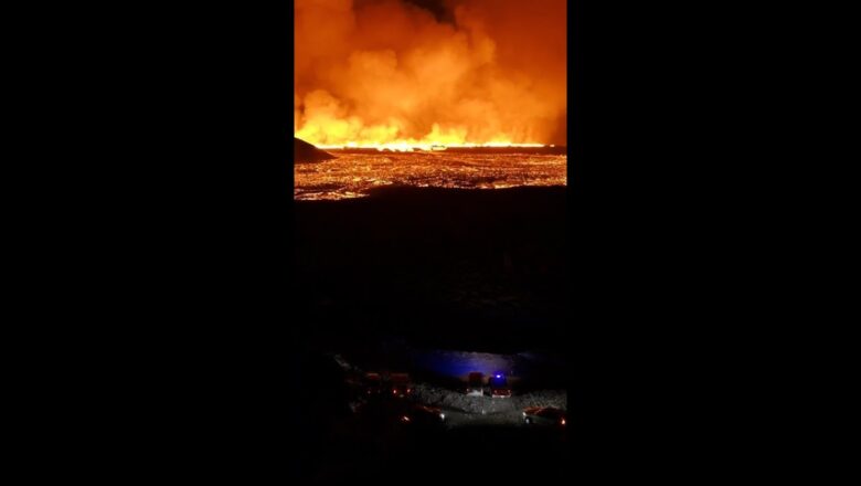 Dramatic aerials show volcano spewing lava and smoke in Iceland #Shorts