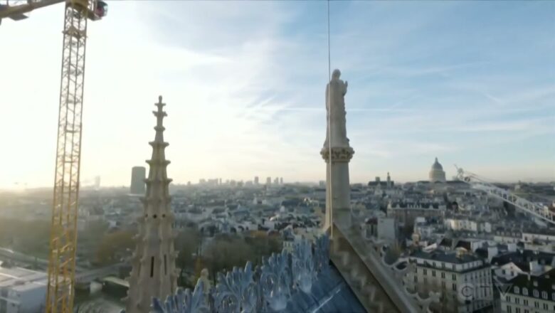 Drone view of restored Notre Dame Cathedral in Paris