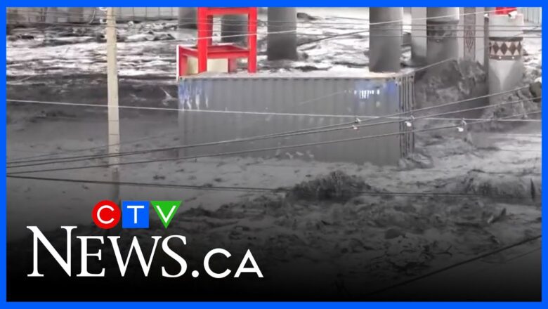 Container carried through rushing water amid typhoon in Taiwan