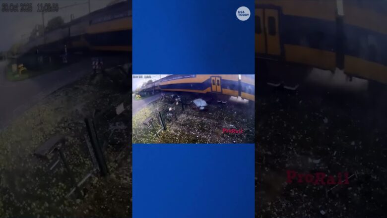 See pears fly as truck stuck on crossing gets hit by oncoming train