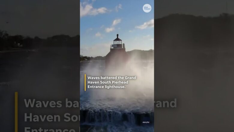 Waves batter Grand Haven lighthouse as gale warning issued for Lake Michigan