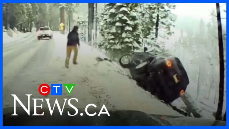 Good Samaritan rushes to help after vehicle nearly slides down snowy cliff