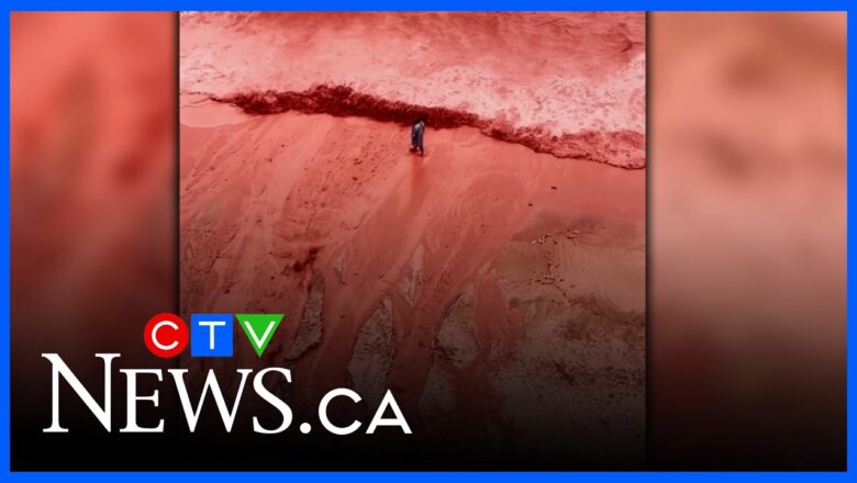 Heavy rainfall on Iran’s Hormuz Island transforms coastline into sea of red