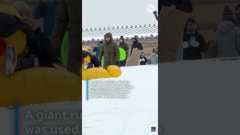 Giant ducky goes tubing, dune buggy whips in Philadelphia snow