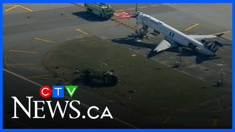 Aerial view of wrecked Air Canada plane on a runway at LaGuardia