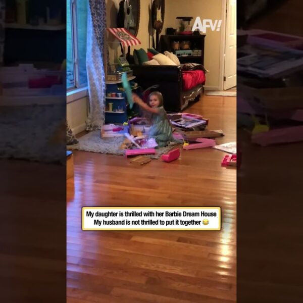 My daughter is thrilled with her Barbie Dream House, my husband is not thrilled to put it together 😂
