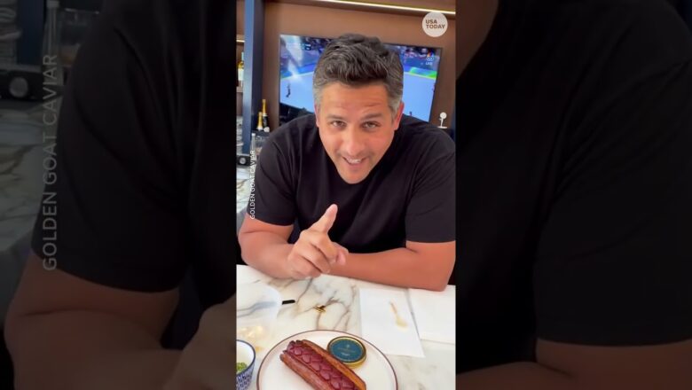 Rick Ross tries a hot dog with gold flakes and caviar. See the price.